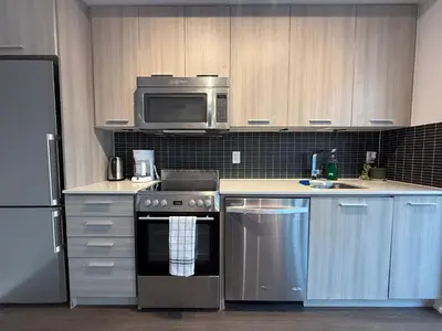 a kitchen with stainless steel appliances and a microwave at Gorgeous downtown condo in Toronto