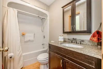 a bathroom with a sink and a toilet and a tub at Muskoka Lakeshore Cottage Bliss in Gravenhurst