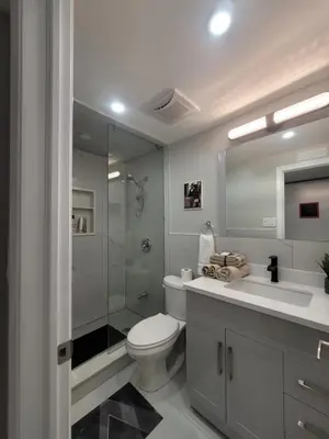 a bathroom with a toilet and a shower and a sink at RoryHouse in Toronto