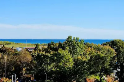 a group of trees with the ocean in the background at Lakeview Condo in Downtown with Free Parking. in Toronto