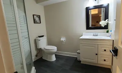 a bathroom with a toilet and a sink and a mirror at Spacious and bright unit with natural light. in Pickering