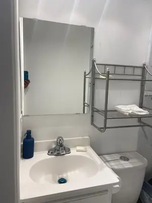 a bathroom with a sink and a mirror and a toilet at BUDGET Quad Room with En Suite Bathroom 36B in Toronto