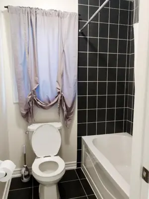 a bathroom with a white toilet and a bath tub at Home Pearl B&B in Niagara Falls