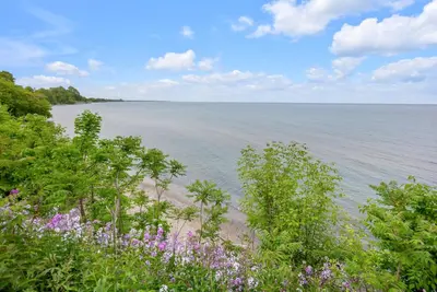 a view of the ocean from a beach with flowers at Beautiful Lakeside Haven in Port Hope