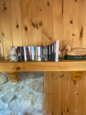 a wooden shelf with books and toys on it at Lovely waterfront private cottage with hot tub in Kawartha Lakes in Head Lake
