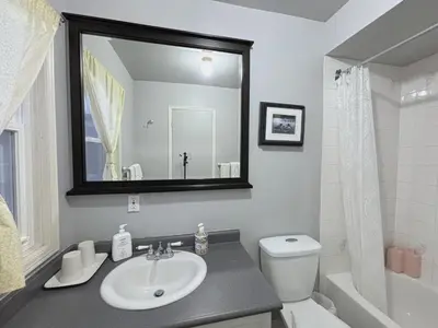 a bathroom with a sink and a toilet and a mirror at Lake Simcoe 4 Bedroom Family Home Ideal Toronto Area Retreat in Innisfil