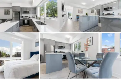 a collage of photos of a kitchen and living room at Entire Luxury Suite 4Mins To Falls, Free Parking in Niagara Falls