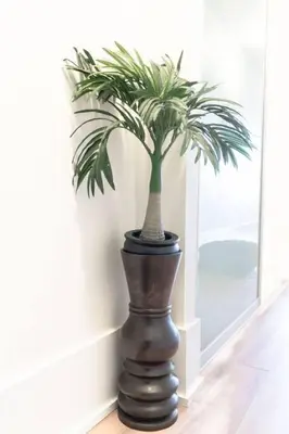 a black vase with a palm plant in it at 1 BR Furnished Condo with Balcony across CN Tower in Toronto