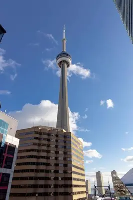 a view of the cn tower in a city at 1 BR Furnished Condo with Balcony across CN Tower in Toronto