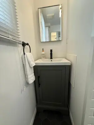 a bathroom with a sink and a mirror at Bright, Private, Peaceful Suite with Retail Conveniences Steps Away in Toronto