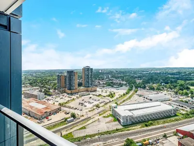 a view of a city from a building at Modern 1BR Condo - King bed - Cityscape Views in Kitchener