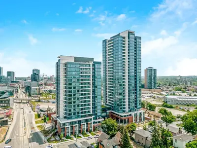 an aerial view of a city with tall buildings at City View 1BR Condo - King Bed & Private Balcony in Kitchener