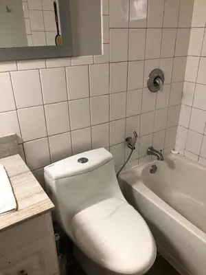 a bathroom with a toilet and a sink and a tub at Angelina’s house in Toronto