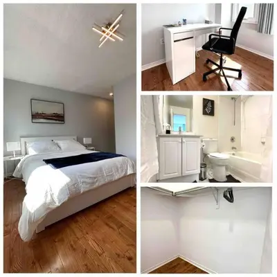 four pictures of a bedroom with a bed and a bathroom at Charming Home in Prime Location North of Toronto in Richmond Hill