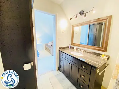 a bathroom with a sink and a mirror at Blue Mountain Suites in Blue Mountains