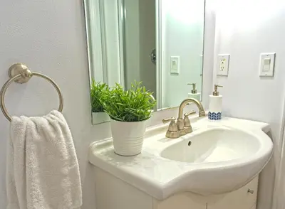 a bathroom with a sink and a potted plant at Modern Townhome at Wintergreen Sauna Steps from Blue Mountain Village in Blue Mountains
