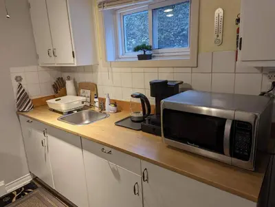 a kitchen counter with a microwave and a sink at Cozy basement apartment in the heart of Oakville in Oakville