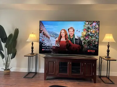 a flat screen tv sitting on top of a entertainment center at Cozy Lovely Ravine facing Suite. in Mississauga