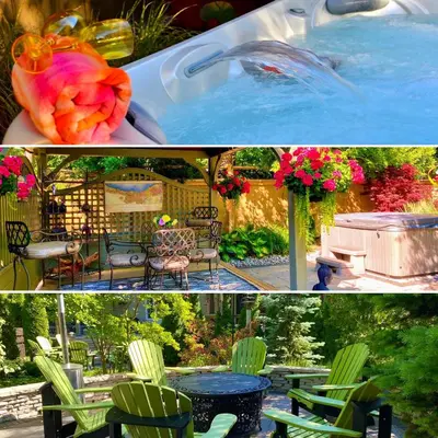 a collage of two pictures of a swimming pool at Explorer House Bed & Breakfast in Niagara on the Lake