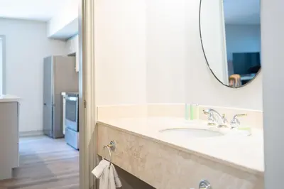 a bathroom with a sink and a mirror at Horseshoe Valley Suites - The Evergreen in Shanty Bay