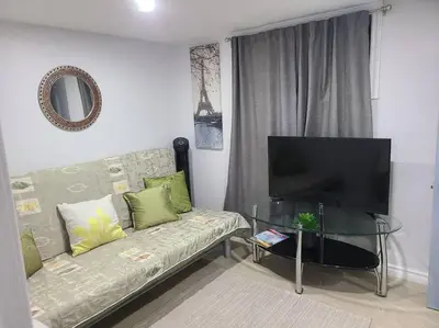 a living room with a couch and a television at 2 bedroom + Bath in Eastyork in Toronto
