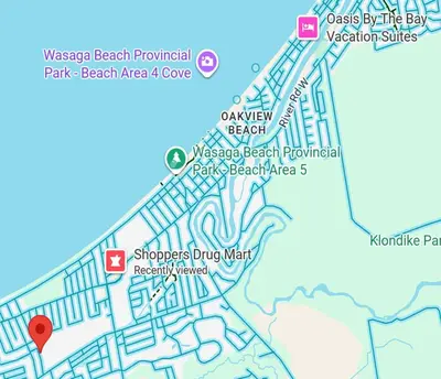 a map of the beach area and cove at Beatrice Beach House in Wasaga Beach
