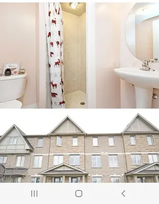 two pictures of a bathroom with a building at Cozy jets empire in Brampton