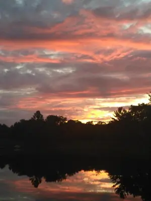 a sunset over a body of water with trees at Waterfront Hideaway Private Suite-King bed room in Tottenham