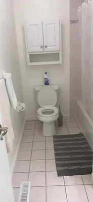 a white bathroom with a toilet and a tub at Spruce Lodge in London