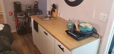 a kitchen counter with two pots and a sink at Serenity Place by the Lake in Brighton