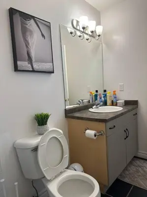 a bathroom with a toilet and a sink and a mirror at Luxury Spacious 5-Bedroom Home in London