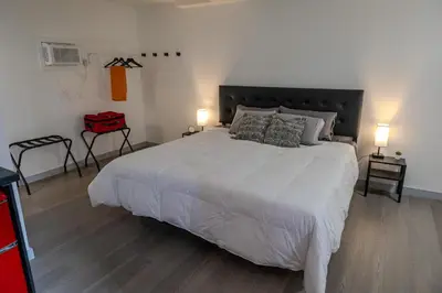 a bedroom with a large white bed and two lamps at SHORE VISTA LODGE in Georgina
