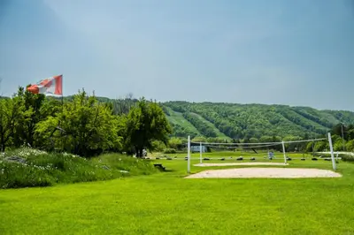 a park with a volleyball net in the grass at 8 bdrm Blue Mountain Cottage, Large Groups, Private Beach Access, Hot Tub, Sauna, Ping Pong Table Perfect for Large Groups, Petfriendly in Blue Mountains