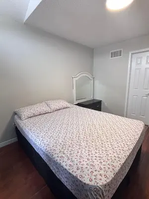 a bedroom with a bed with a dresser and a mirror at Bright Queen Room close to Sheridan College and Airport in Brampton