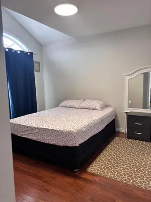 a bedroom with a bed and a mirror at Bright Queen Room close to Sheridan College and Airport in Brampton