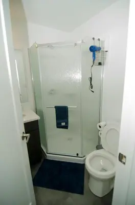 a small bathroom with a shower with a toilet at Niagara Escape Crib: 3km from NiagaraFalls in Niagara Falls