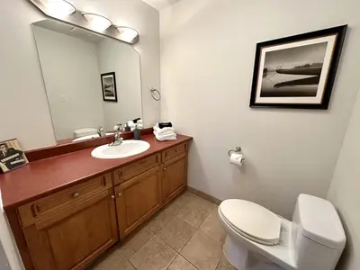 a bathroom with a sink and a toilet and a mirror at 19th Hole Hideaway in Collingwood