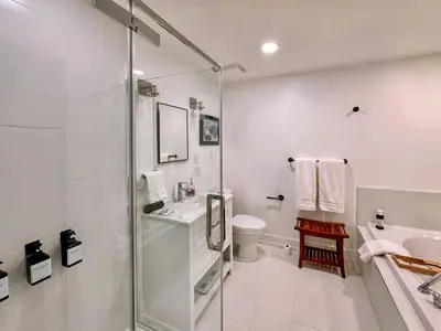 a bathroom with a shower and a toilet and a sink at The Fairway Flat in Collingwood
