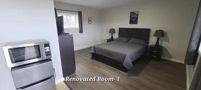 a bedroom with a bed and a television in it at Tay Motel in Waubaushene