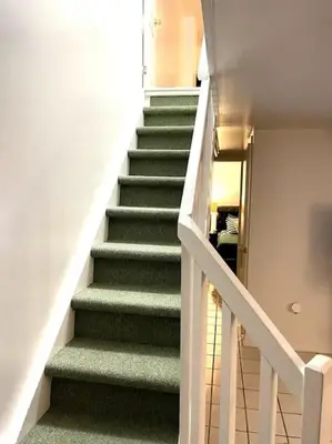 a staircase in a house with green carpet at Vintage 2 bed 2 bath suite Distillery District in Toronto