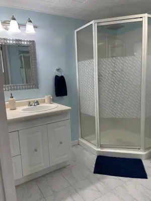 a bathroom with a shower and a sink at Private Suite in Niagara Falls in Niagara Falls