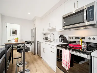 a kitchen with a stove and a microwave at Cozy Studio Apt - Corktown Hamilton - Near DT in Hamilton