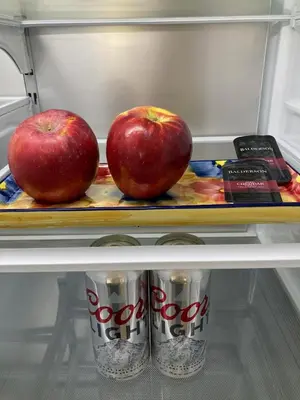 an open refrigerator with an apple and a can of coke at The Loft Retreat in Southampton