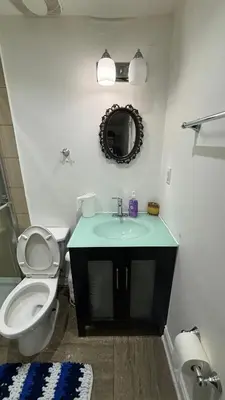 a bathroom with a toilet and a sink and a mirror at Bishop in Mississauga
