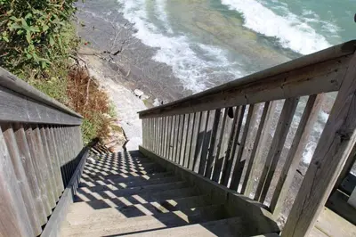 a stairway leading down to a beach with the ocean at Cute and Cozy Lakefront Cottage in Wellington