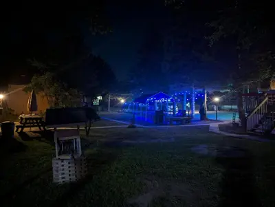 a park at night with a playground with blue lights at Modern Tiny Wood Cottage 0 in Wasaga Beach