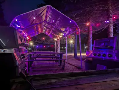 a picnic table with purple lights next to a grill at Tiny Wood Cottage 20 in Wasaga Beach