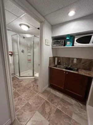 a bathroom with a shower and a sink at Maya Bed and Breakfast in Port Perry