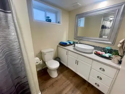 a bathroom with a toilet and a sink and a mirror at Cobourg Country Home - 10 Minutes From Cobourg Beach! in Cobourg