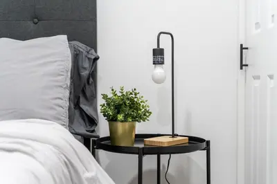 a black table with a plant on it next to a bed at Modern 3 Bdr Homeapt Mins To Notlwineriesfalls in St. Catharines
